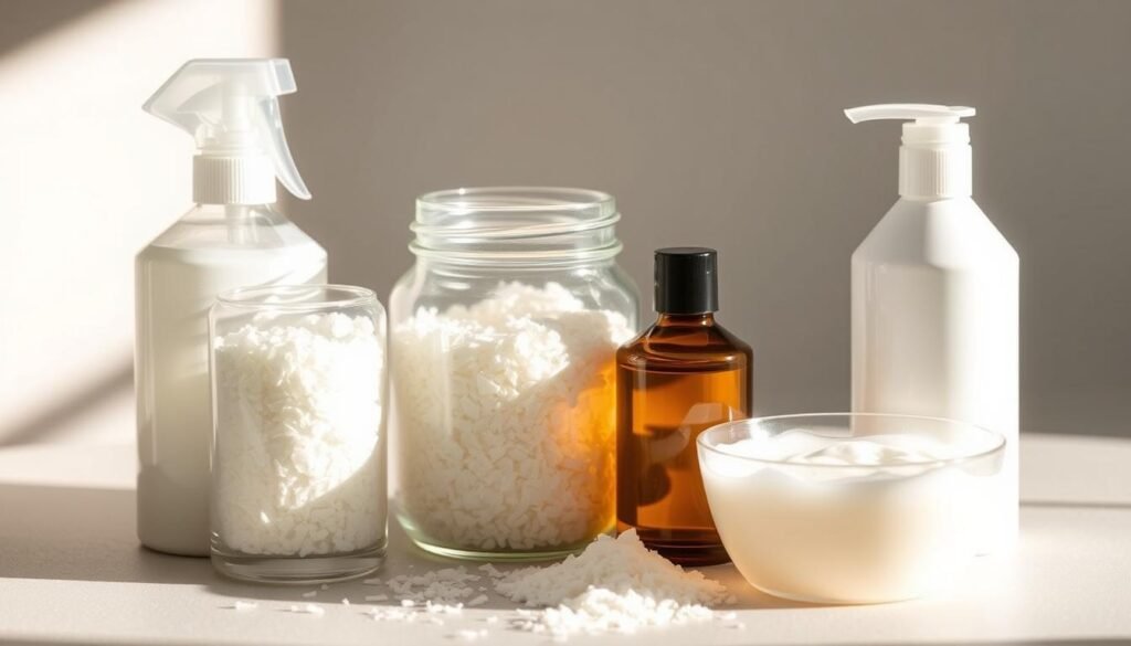 A well-lit close-up shot of an assortment of magnesium chloride products, including a spray bottle, a jar of flakes, a bottle of lotion, and a tub of gel. The products are arranged artfully on a neutral background, showcasing their diverse forms and textures. Soft, natural lighting highlights the translucent quality of the products, creating a clean, inviting aesthetic. The focus is sharp, drawing the viewer's attention to the nuanced details of each item, from the matte finish of the flakes to the glossy sheen of the gel. The overall composition and lighting convey a sense of wellness and relaxation, fitting the theme of the article section on "Choose your format: sprays, flakes, lotions, and gels". A well-lit close-up shot of an assortment of magnesium chloride products, including a spray bottle, a jar of flakes, a bottle of lotion, and a tub of gel. The products are arranged artfully on a neutral background, showcasing their diverse forms and textures. Soft, natural lighting highlights the translucent quality of the products, creating a clean, inviting aesthetic. The focus is sharp, drawing the viewer's attention to the nuanced details of each item, from the matte finish of the flakes to the glossy sheen of the gel. The overall composition and lighting convey a sense of wellness and relaxation, fitting the theme of the article section on "Choose your format: sprays, flakes, lotions, and gels".