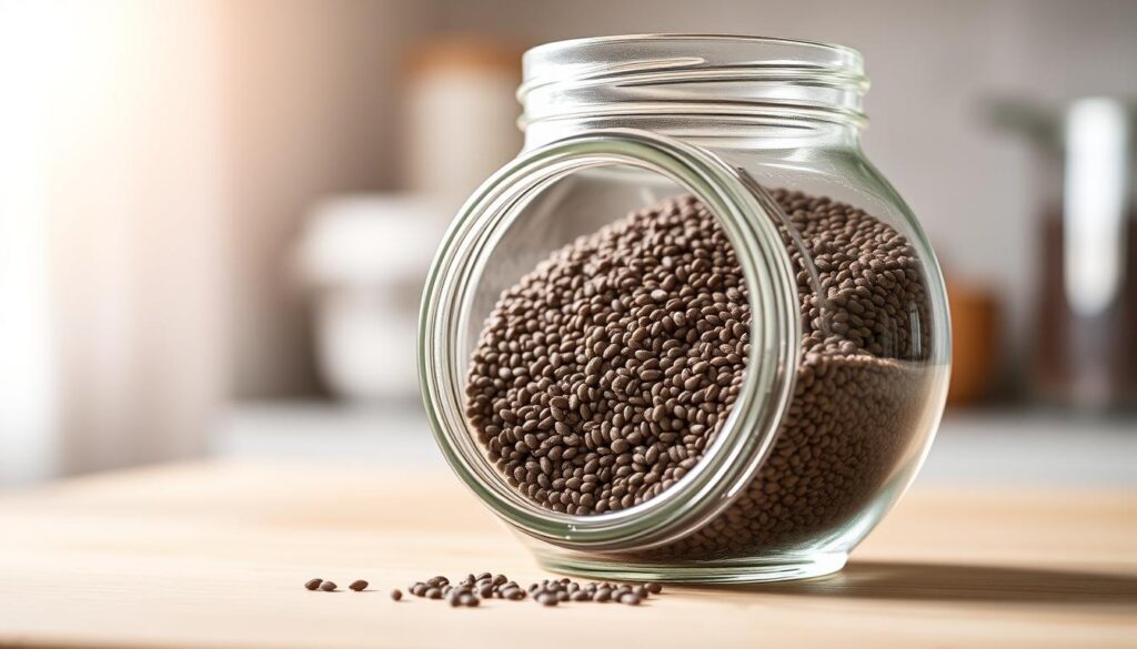 A well-lit, close-up shot of an open glass jar filled with a neatly arranged pile of chia seeds. The jar is placed on a clean, minimalist wooden surface, with a subtle natural background that suggests a kitchen or pantry setting. The lighting is soft and diffused, creating a warm, inviting atmosphere that highlights the texture and color of the chia seeds. The composition emphasizes the orderly, meal-prepped nature of the storage, conveying a sense of preparedness and efficiency for crafting long-lasting, nutritious smoothies.