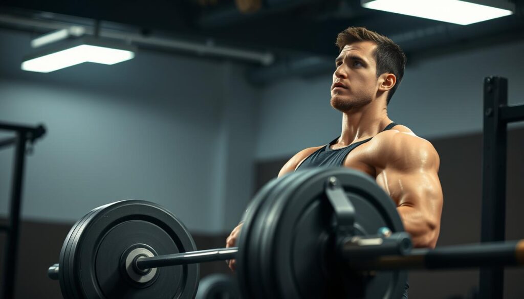 A well-lit gym interior, the focus on a weight-laden barbell resting on a sturdy squat rack. The lifter, dressed in athletic attire, stands ready, hands gripping the bar in preparation for a maximal effort. Sweat glistens on their brow as they take a deep breath, their expression one of intense concentration. The background is blurred, drawing the viewer's attention to the lifter and the weighted bar, symbolizing the assessment of their strength potential. Soft, directional lighting casts shadows that accentuate the lifter's muscular form, conveying the idea of functional strength and readiness. The overall atmosphere is one of focused intensity, capturing the essence of determining one's one-rep max in a safe and controlled environment.