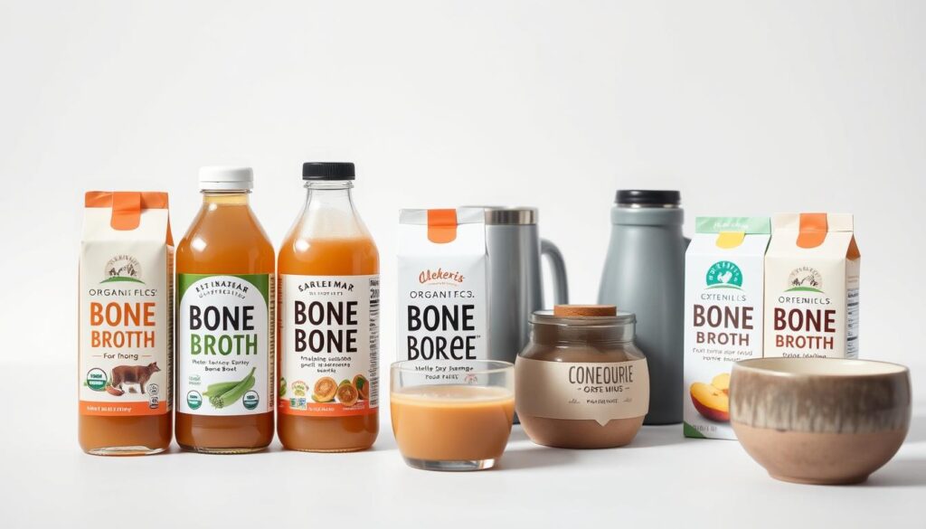 A well-lit, high-quality close-up photograph of a variety of bone broth products on a clean, minimalist white background. The foreground features several glass bottles and cartons of organic, free-range bone broth, meticulously arranged to showcase their labels and ingredients. The middle ground includes various bone broth accessories like reusable travel mugs and ceramic bowls. The background is clean and uncluttered, allowing the bone broth products to be the focal point. The lighting is natural and bright, creating a crisp, professional-looking image that emphasizes the quality and health benefits of the bone broth. The overall mood is one of informed, conscious consumerism, inviting the viewer to make a smart, gut-healthy purchasing decision. A well-lit, high-quality close-up photograph of a variety of bone broth products on a clean, minimalist white background. The foreground features several glass bottles and cartons of organic, free-range bone broth, meticulously arranged to showcase their labels and ingredients. The middle ground includes various bone broth accessories like reusable travel mugs and ceramic bowls. The background is clean and uncluttered, allowing the bone broth products to be the focal point. The lighting is natural and bright, creating a crisp, professional-looking image that emphasizes the quality and health benefits of the bone broth. The overall mood is one of informed, conscious consumerism, inviting the viewer to make a smart, gut-healthy purchasing decision.