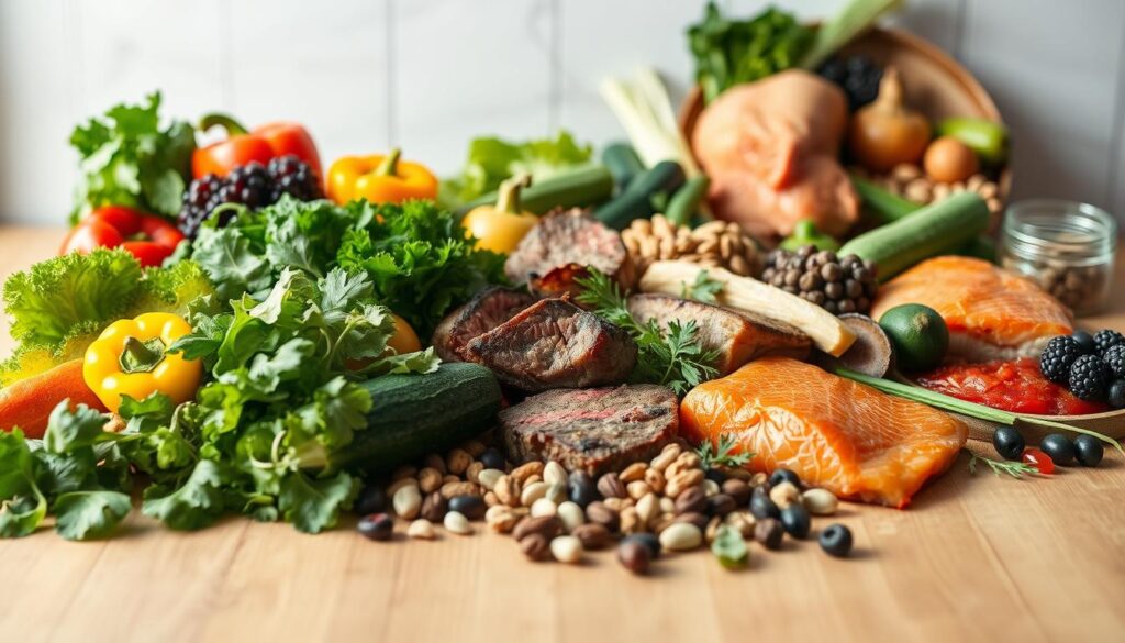 A well-lit, high-quality still life image depicting a selection of paleo-friendly foods arranged artfully on a wooden surface. In the foreground, a variety of fresh vegetables such as leafy greens, bell peppers, and zucchini. In the middle ground, grass-fed meats like steak and chicken, as well as wild-caught fish like salmon. In the background, an assortment of nuts, seeds, and berries. The lighting is soft and natural, creating a warm, inviting atmosphere. The camera angle is slightly elevated to showcase the arrangement in an appealing, visually compelling manner.