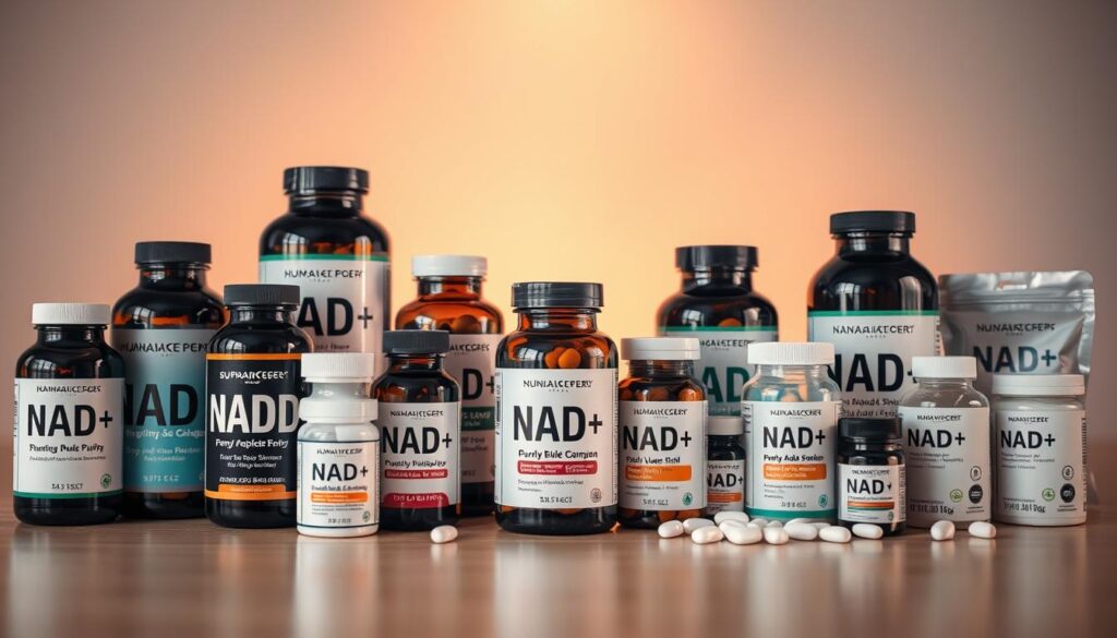 A well-lit, high-quality table display showcasing a variety of NAD+ supplements. In the foreground, different bottles, jars, and packages of various NAD+ products are arranged neatly, each with clear labels highlighting their key features, such as purity, potency, and source. The middle ground features a clean, minimalist background, allowing the supplements to take center stage. Soft, warm lighting casts a gentle glow, emphasizing the premium quality and trustworthiness of the products. The overall composition conveys a sense of professionalism, expertise, and attention to detail, perfectly suited to illustrate a section on how to choose high-quality NAD supplements in the U.S. market. A well-lit, high-quality table display showcasing a variety of NAD+ supplements. In the foreground, different bottles, jars, and packages of various NAD+ products are arranged neatly, each with clear labels highlighting their key features, such as purity, potency, and source. The middle ground features a clean, minimalist background, allowing the supplements to take center stage. Soft, warm lighting casts a gentle glow, emphasizing the premium quality and trustworthiness of the products. The overall composition conveys a sense of professionalism, expertise, and attention to detail, perfectly suited to illustrate a section on how to choose high-quality NAD supplements in the U.S. market.
