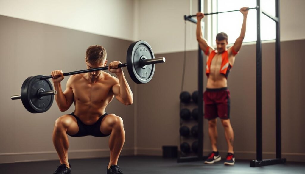 A well-lit, high-resolution image depicting the benefits of functional fitness in reducing injury risk. In the foreground, a fit, athletic individual performs a barbell squat with perfect form, showcasing the engagement of core and stabilizer muscles. In the middle ground, the same person executes a pull-up, demonstrating the full-body integration required for functional movements. The background features a gym setting with minimal distractions, allowing the viewer to focus on the exercises. Warm, natural lighting highlights the fluid motion and muscle activation, conveying the efficiency and injury-preventive nature of functional training. The overall composition communicates the idea that functional fitness builds strength, balance, and resilience, reducing the likelihood of musculoskeletal injuries in daily life.