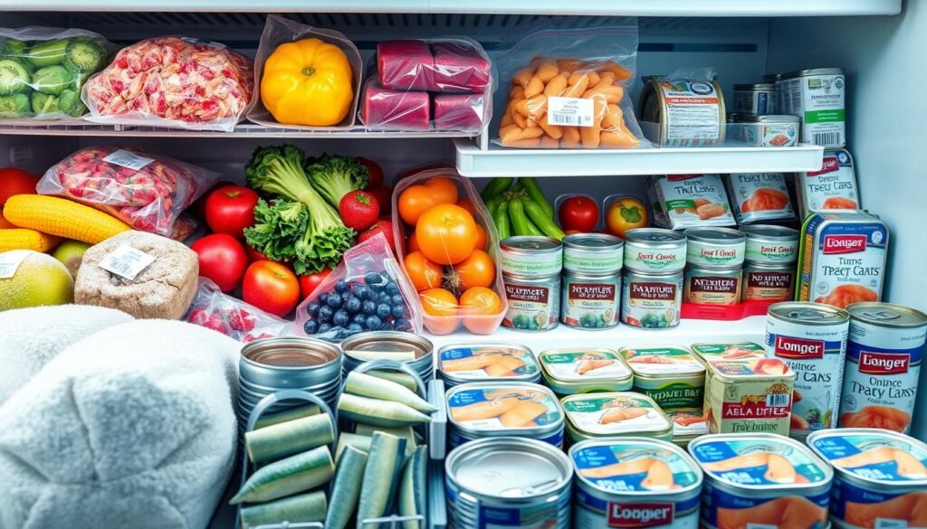 A well-lit, high-resolution image of a freezer section stocked with an assortment of frozen fruits and vegetables, alongside a variety of canned fish products such as tuna, salmon, and sardines. The frozen produce appears vibrant and fresh, with a frosty texture, while the canned fish is neatly arranged in a visually appealing layout. The image has a clean, organized, and inviting atmosphere, reflecting the "nutrient-dense" and "pantry allies" themes of the article section. The lighting is soft and even, creating a sense of warmth and accessibility. The camera angle is slightly elevated, providing a clear, comprehensive view of the scene. A well-lit, high-resolution image of a freezer section stocked with an assortment of frozen fruits and vegetables, alongside a variety of canned fish products such as tuna, salmon, and sardines. The frozen produce appears vibrant and fresh, with a frosty texture, while the canned fish is neatly arranged in a visually appealing layout. The image has a clean, organized, and inviting atmosphere, reflecting the "nutrient-dense" and "pantry allies" themes of the article section. The lighting is soft and even, creating a sense of warmth and accessibility. The camera angle is slightly elevated, providing a clear, comprehensive view of the scene.