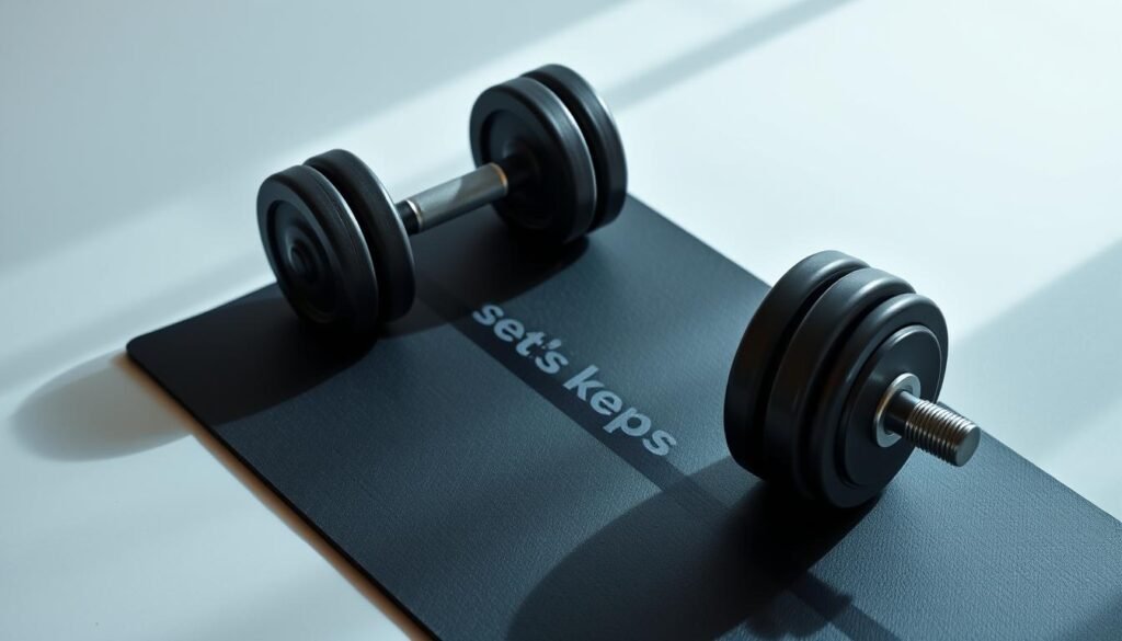 A well-lit, high-resolution photograph of a dumbbell and barbell arranged on a dark-colored exercise mat, with a clean, minimalist background. The weights are positioned prominently, casting dynamic shadows that create a sense of depth and dimension. The lighting is soft and diffused, emphasizing the textures and contours of the equipment. The angle is slightly elevated, giving the viewer a clear, unobstructed view of the "sets reps" arrangement. The mood is one of simplicity, focus, and the essential elements of functional training.