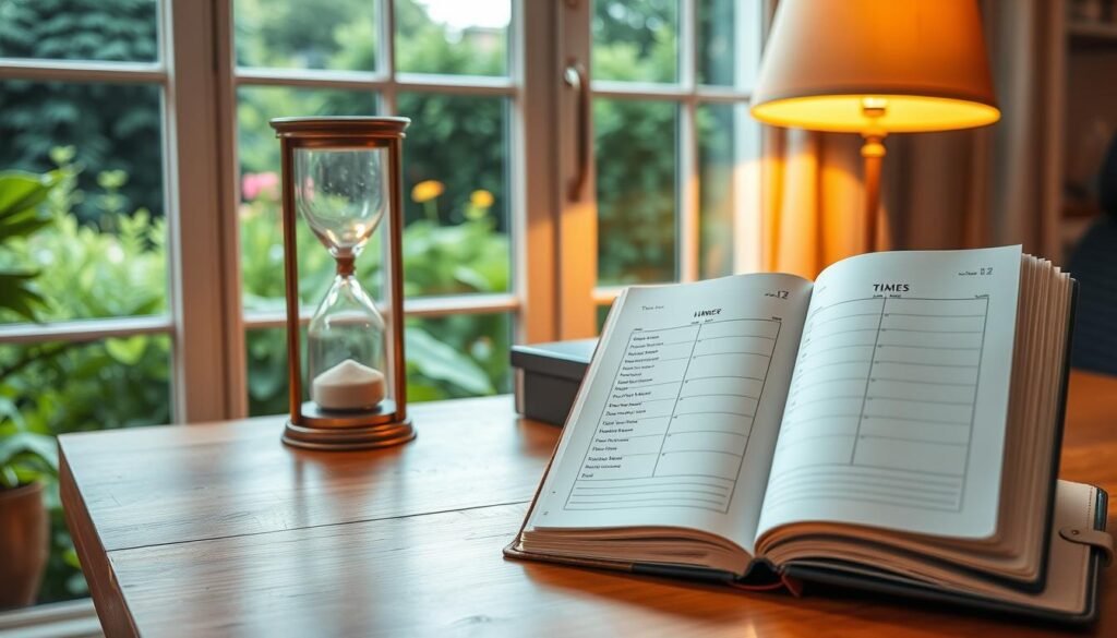 A well-lit home office with a wooden desk, a vintage hourglass, and a clean planner open, showcasing time-boxed tasks and notes. Warm, soft lighting from a standing lamp creates a cozy, focused atmosphere. The planner's pages are crisp and organized, reflecting a methodical approach to time management. In the background, a large window offers a glimpse of a lush, verdant garden, symbolizing the balance between productivity and mindfulness. The overall scene conveys a sense of intentional, thoughtful living practice.