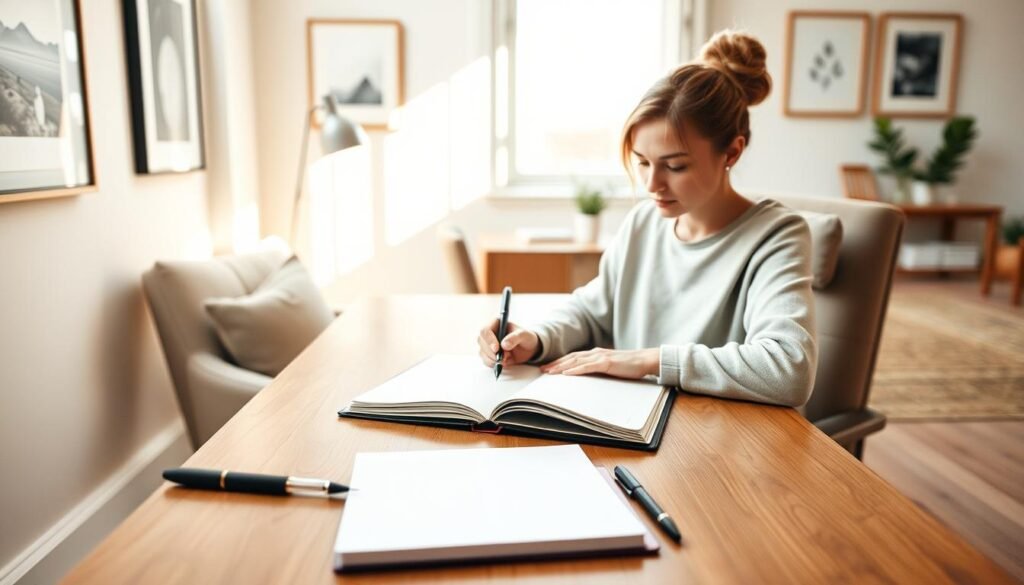 A well-lit home office, with a wooden desk and a cozy armchair. On the desk, a notebook and a pen lie open, inviting the writer to begin their fast, sustainable journaling ritual. Soft, natural light filters through the window, casting a warm glow over the scene. The walls are adorned with minimalist art, creating a serene and inspiring atmosphere. The journaler, dressed in comfortable yet stylish attire, sits focused and engaged, their hand moving across the page with fluid, effortless strokes. The overall composition conveys a sense of calm, productivity, and a dedication to self-care through the power of the written word. A well-lit home office, with a wooden desk and a cozy armchair. On the desk, a notebook and a pen lie open, inviting the writer to begin their fast, sustainable journaling ritual. Soft, natural light filters through the window, casting a warm glow over the scene. The walls are adorned with minimalist art, creating a serene and inspiring atmosphere. The journaler, dressed in comfortable yet stylish attire, sits focused and engaged, their hand moving across the page with fluid, effortless strokes. The overall composition conveys a sense of calm, productivity, and a dedication to self-care through the power of the written word.