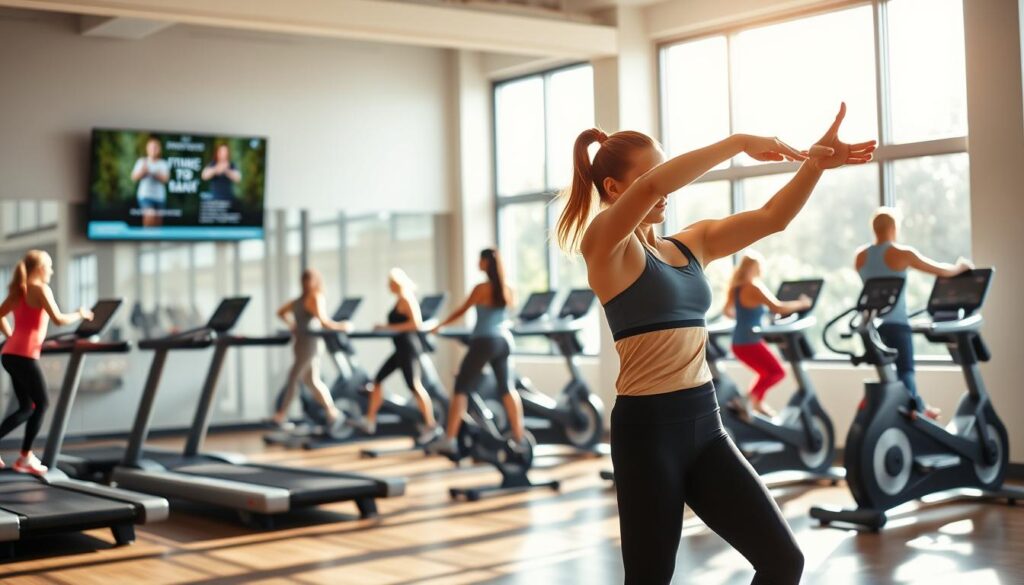 A well-lit indoor gymnasium, with sunlight streaming through large windows. In the foreground, a young woman in workout attire performs dynamic stretches, her movements graceful and focused. In the middle ground, a group of diverse individuals engage in various cardio exercises on modern exercise equipment - treadmills, ellipticals, and stationary bikes. The background features a wall-mounted television displaying fitness class instructions, creating an atmosphere of motivation and wellness. The overall scene conveys a sense of energy, health, and the positive impact of physical activity on well-being. A well-lit indoor gymnasium, with sunlight streaming through large windows. In the foreground, a young woman in workout attire performs dynamic stretches, her movements graceful and focused. In the middle ground, a group of diverse individuals engage in various cardio exercises on modern exercise equipment - treadmills, ellipticals, and stationary bikes. The background features a wall-mounted television displaying fitness class instructions, creating an atmosphere of motivation and wellness. The overall scene conveys a sense of energy, health, and the positive impact of physical activity on well-being.