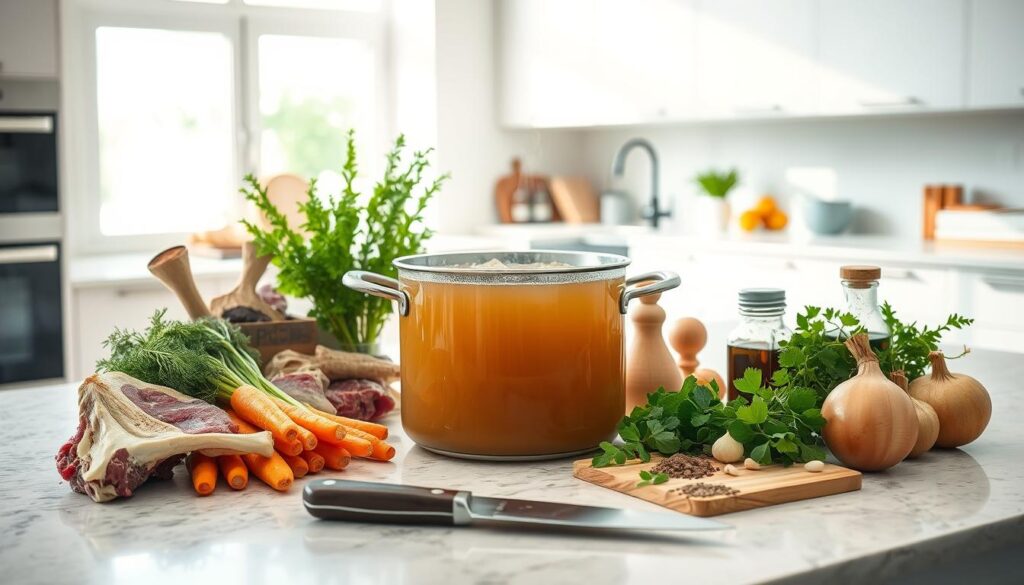 A well-lit kitchen counter, with an array of fresh ingredients for making homemade bone broth. In the foreground, a large stockpot filled with simmering broth, its aroma wafting through the air. Surrounding the pot, neatly arranged items: grass-fed beef bones, organic vegetables like carrots, celery, and onions, a bundle of fragrant herbs, and a selection of spices. In the middle ground, a wooden cutting board with a chef's knife, ready to chop the vegetables. The background features a modern, minimalist kitchen, with clean lines and natural light streaming in through large windows, creating a warm, inviting atmosphere. The overall scene conveys the simplicity and nourishing nature of preparing a wholesome, gut-healing bone broth at home. A well-lit kitchen counter, with an array of fresh ingredients for making homemade bone broth. In the foreground, a large stockpot filled with simmering broth, its aroma wafting through the air. Surrounding the pot, neatly arranged items: grass-fed beef bones, organic vegetables like carrots, celery, and onions, a bundle of fragrant herbs, and a selection of spices. In the middle ground, a wooden cutting board with a chef's knife, ready to chop the vegetables. The background features a modern, minimalist kitchen, with clean lines and natural light streaming in through large windows, creating a warm, inviting atmosphere. The overall scene conveys the simplicity and nourishing nature of preparing a wholesome, gut-healing bone broth at home.