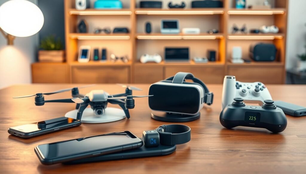 A well-lit modern workbench showcasing an array of cutting-edge consumer electronic devices. In the foreground, a sleek smartphone, a fitness tracker, and a wireless charging pad. In the middle ground, a compact drone with camera, a virtual reality headset, and a smart home controller. The background features shelves displaying the latest tech gadgets, all bathed in a warm, focused light that highlights their clean, minimalist designs. The overall atmosphere conveys a sense of technological sophistication and personal wellness. A well-lit modern workbench showcasing an array of cutting-edge consumer electronic devices. In the foreground, a sleek smartphone, a fitness tracker, and a wireless charging pad. In the middle ground, a compact drone with camera, a virtual reality headset, and a smart home controller. The background features shelves displaying the latest tech gadgets, all bathed in a warm, focused light that highlights their clean, minimalist designs. The overall atmosphere conveys a sense of technological sophistication and personal wellness.