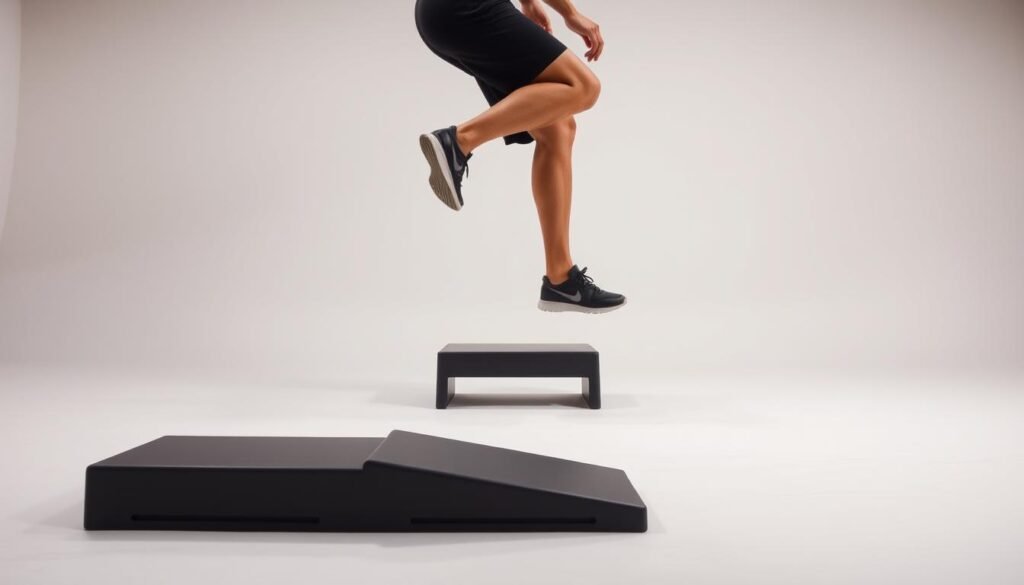 A well-lit studio scene capturing the dynamic motion of step-ups and step-downs. In the foreground, a person performs a series of controlled step-ups onto a raised platform, their muscles engaged as they ascend and descend with precision. The middle ground features a low step or curb, allowing the subject to practice navigating this common obstacle with balance and control. The background is clean and uncluttered, placing the focus entirely on the functional movement. Soft, directional lighting accentuates the contours of the body, highlighting the coordination and stability required for this exercise. The overall atmosphere conveys a sense of discipline, safety, and the importance of mastering these fundamental movement patterns.