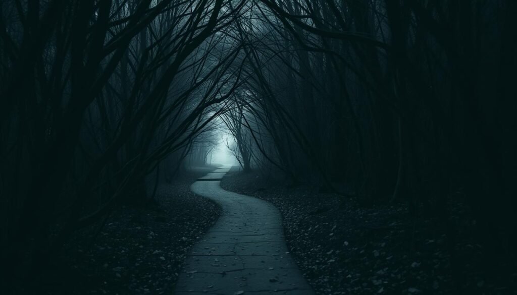 A winding, overgrown pathway leading through a dark, gloomy forest. Thick, tangled branches cast long shadows, creating a sense of constriction and claustrophobia. The ground is littered with fallen leaves and debris, symbolizing the gradual decay of energy and enthusiasm. In the distance, a faint glimmer of light hints at a potential escape, but the path ahead appears treacherous and uncertain. The overall atmosphere conveys a sense of exhaustion, hopelessness, and the gradual sinking into the depths of burnout. A winding, overgrown pathway leading through a dark, gloomy forest. Thick, tangled branches cast long shadows, creating a sense of constriction and claustrophobia. The ground is littered with fallen leaves and debris, symbolizing the gradual decay of energy and enthusiasm. In the distance, a faint glimmer of light hints at a potential escape, but the path ahead appears treacherous and uncertain. The overall atmosphere conveys a sense of exhaustion, hopelessness, and the gradual sinking into the depths of burnout.