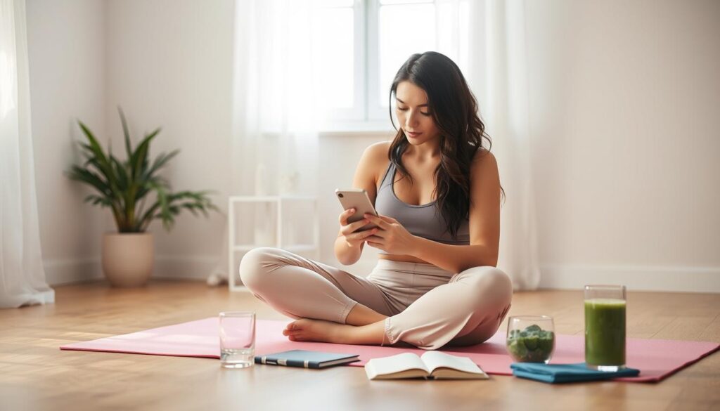 A woman in a flowing workout outfit sits cross-legged on a yoga mat, gazing intently at a glowing smartphone in her hands. The background is a serene, pastel-hued space, with soft natural light filtering through a window, casting a warm glow on the scene. Surrounding her are various wellness-related objects, such as a glass of water, a green smoothie, and a journal. The overall atmosphere conveys a sense of mindfulness, self-care, and synchronicity with one's inner rhythms. A woman in a flowing workout outfit sits cross-legged on a yoga mat, gazing intently at a glowing smartphone in her hands. The background is a serene, pastel-hued space, with soft natural light filtering through a window, casting a warm glow on the scene. Surrounding her are various wellness-related objects, such as a glass of water, a green smoothie, and a journal. The overall atmosphere conveys a sense of mindfulness, self-care, and synchronicity with one's inner rhythms.