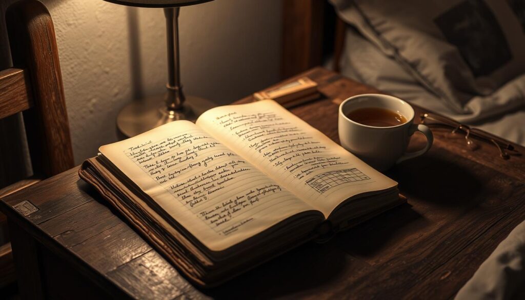 A worn leather-bound journal lies open, its pages filled with scribbled notes and charts. Beside it, a cup of steaming tea and a pair of reading glasses rest on a weathered wooden nightstand. The room is dimly lit, a soft glow from a single bedside lamp casting shadows across the scene. The atmosphere is contemplative, with a sense of quiet introspection. The journal symbolizes the struggle to understand one's own sleep patterns, a crucial step towards addressing deeper issues. This image captures the essence of a sleep diary, a tool for self-discovery and the beginning of a journey towards better rest and overall well-being. A worn leather-bound journal lies open, its pages filled with scribbled notes and charts. Beside it, a cup of steaming tea and a pair of reading glasses rest on a weathered wooden nightstand. The room is dimly lit, a soft glow from a single bedside lamp casting shadows across the scene. The atmosphere is contemplative, with a sense of quiet introspection. The journal symbolizes the struggle to understand one's own sleep patterns, a crucial step towards addressing deeper issues. This image captures the essence of a sleep diary, a tool for self-discovery and the beginning of a journey towards better rest and overall well-being.