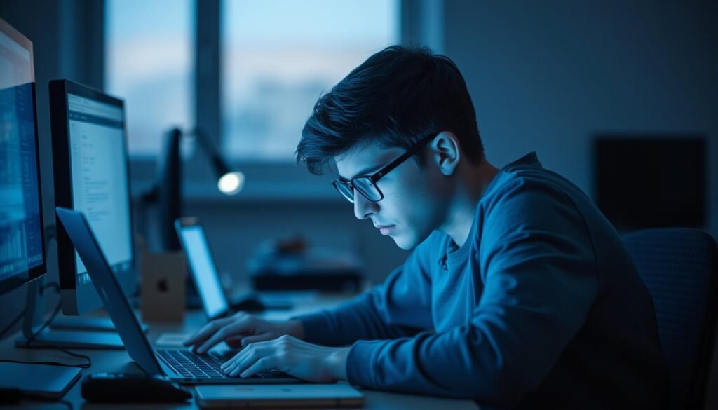 A young person sitting at a desk, intently focused on a laptop screen, their eyes strained and brow furrowed. Surrounding them, a variety of digital devices - smartphones, tablets, and computer monitors - emit a soft, blue-tinted glow. The lighting is slightly dimmed, creating a contemplative, almost melancholic atmosphere. In the background, a blurred, muted office environment with a window that hints at the time of day. The overall scene conveys the sense of someone who may be spending an excessive amount of time in front of digital screens, potentially benefiting from the use of blue light blocking glasses.