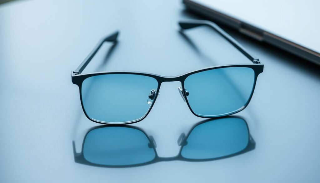 An artfully arranged still life featuring a pair of sleek, modern blue light blocking glasses. The frames are crafted from lightweight titanium, with a sophisticated gunmetal finish that catches the soft, diffused light. The lenses have a subtle blue-green tint, designed to filter out harmful high-energy blue wavelengths emitted by digital screens. The glasses are placed atop a smooth, reflective surface, creating a sense of depth and understated elegance. The muted color palette, featuring shades of gray, blue, and silver, evokes a calming, focused atmosphere, reflective of the glasses' purpose to reduce eye strain and improve sleep quality. An artfully arranged still life featuring a pair of sleek, modern blue light blocking glasses. The frames are crafted from lightweight titanium, with a sophisticated gunmetal finish that catches the soft, diffused light. The lenses have a subtle blue-green tint, designed to filter out harmful high-energy blue wavelengths emitted by digital screens. The glasses are placed atop a smooth, reflective surface, creating a sense of depth and understated elegance. The muted color palette, featuring shades of gray, blue, and silver, evokes a calming, focused atmosphere, reflective of the glasses' purpose to reduce eye strain and improve sleep quality.