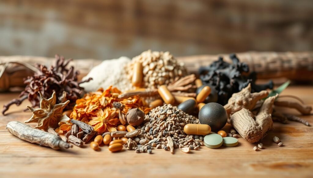 An assortment of various adaptogenic herbs, including ashwagandha, rhodiola, and cordyceps, arranged on a natural wooden table. The foreground features the herbs in their raw form, with their distinct colors and textures. The middle ground showcases the herbs in capsule or powder form, conveying their accessibility and versatility. The background depicts a serene, earthy setting with soft, diffused lighting, evoking a sense of balance and tranquility. The overall composition emphasizes the holistic and natural qualities of these stress-regulating botanicals. An assortment of various adaptogenic herbs, including ashwagandha, rhodiola, and cordyceps, arranged on a natural wooden table. The foreground features the herbs in their raw form, with their distinct colors and textures. The middle ground showcases the herbs in capsule or powder form, conveying their accessibility and versatility. The background depicts a serene, earthy setting with soft, diffused lighting, evoking a sense of balance and tranquility. The overall composition emphasizes the holistic and natural qualities of these stress-regulating botanicals.