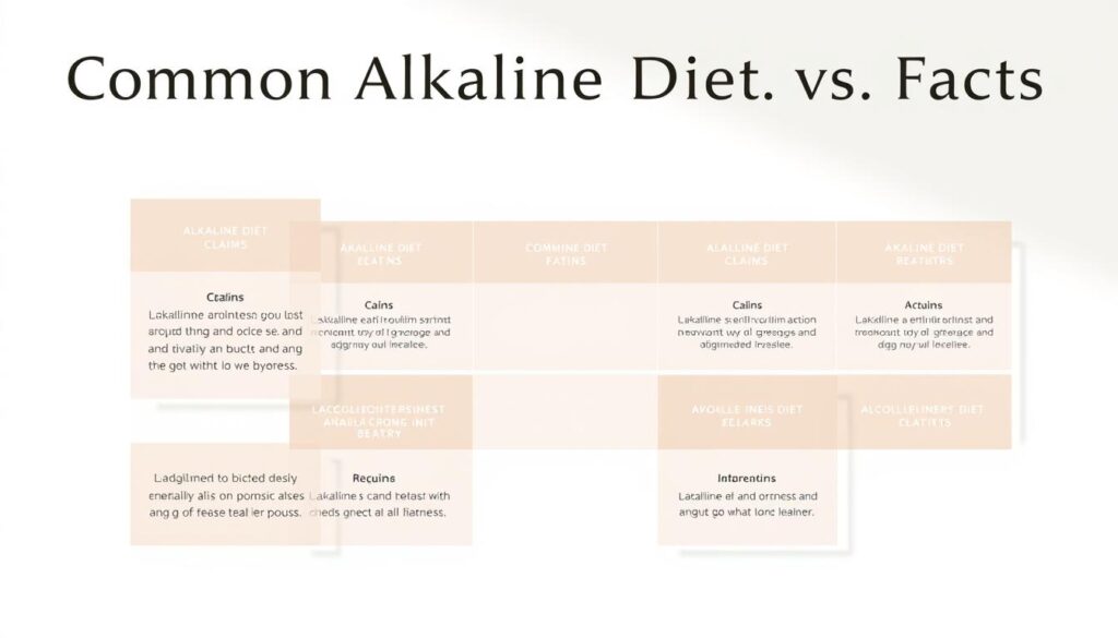 An elegantly designed infographic displaying "Common Alkaline Diet Claims vs. Facts" on a clean, minimalist background. In the foreground, translucent overlapping rectangles showcase key claims, each with a succinct, factual rebuttal presented in a neutral, informative tone. The middle ground features a subtle, neutral-toned grid system to organize the content, with muted colors and soft, natural lighting creating a balanced, professional atmosphere. The background is a simple, off-white backdrop, allowing the infographic elements to take center stage and effectively communicate the subject matter. An elegantly designed infographic displaying "Common Alkaline Diet Claims vs. Facts" on a clean, minimalist background. In the foreground, translucent overlapping rectangles showcase key claims, each with a succinct, factual rebuttal presented in a neutral, informative tone. The middle ground features a subtle, neutral-toned grid system to organize the content, with muted colors and soft, natural lighting creating a balanced, professional atmosphere. The background is a simple, off-white backdrop, allowing the infographic elements to take center stage and effectively communicate the subject matter.