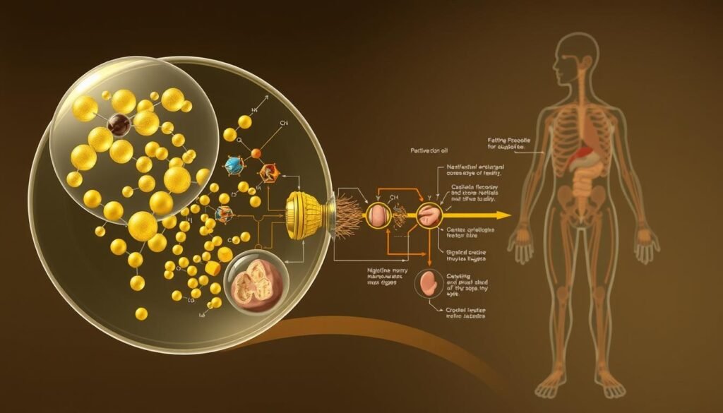 An intricately detailed cross-section illustration of the molecular mechanism of evening primrose oil, depicting the step-by-step process of how it interacts with the body. The foreground shows a magnified view of the oil's active compounds, their chemical structures, and the enzymatic reactions they undergo. The middle ground highlights the cellular pathways and signaling cascades triggered by the oil's components, with arrows and annotations explaining their effects. The background contextualizes this within the broader physiological system, with anatomical renderings of relevant organs and tissues. Rendered in a realistic, scientific style with muted, earthy tones, perfect lighting, and a sense of technical precision to convey the underlying biology. An intricately detailed cross-section illustration of the molecular mechanism of evening primrose oil, depicting the step-by-step process of how it interacts with the body. The foreground shows a magnified view of the oil's active compounds, their chemical structures, and the enzymatic reactions they undergo. The middle ground highlights the cellular pathways and signaling cascades triggered by the oil's components, with arrows and annotations explaining their effects. The background contextualizes this within the broader physiological system, with anatomical renderings of relevant organs and tissues. Rendered in a realistic, scientific style with muted, earthy tones, perfect lighting, and a sense of technical precision to convey the underlying biology.