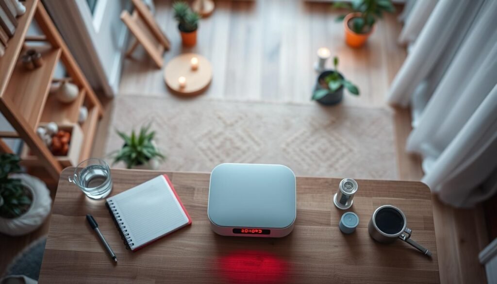 An overhead view of a red light therapy setup, with a modern, minimalistic table-top device in the foreground emitting a warm, crimson glow. The device is surrounded by various health-related items such as a notebook, a glass of water, and a timer. The middle ground features a cozy, well-lit room with natural textures like wood and plants, creating a serene, wellness-focused atmosphere. The background is softly blurred, suggesting a peaceful, contemplative setting for the daily red light therapy routine.