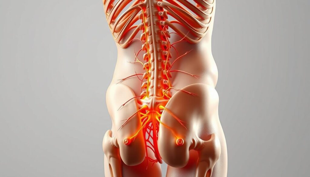 Detailed anatomical illustration of the lower back nerve path, showcasing the sciatic nerve and its branching pathways. Rendered in a realistic, medically-accurate style with a clean, neutral background. Highlights the intricate network of nerves, muscles, and connective tissues that comprise the psoas complex and lower lumbar region. Lit from the side to accentuate the three-dimensional structure, with a depth of field that keeps the focal point sharp while subtly blurring the periphery. Precise, technical, and designed to educate and inform the viewer about the key structures involved in sciatic and psoas-related conditions. Detailed anatomical illustration of the lower back nerve path, showcasing the sciatic nerve and its branching pathways. Rendered in a realistic, medically-accurate style with a clean, neutral background. Highlights the intricate network of nerves, muscles, and connective tissues that comprise the psoas complex and lower lumbar region. Lit from the side to accentuate the three-dimensional structure, with a depth of field that keeps the focal point sharp while subtly blurring the periphery. Precise, technical, and designed to educate and inform the viewer about the key structures involved in sciatic and psoas-related conditions.