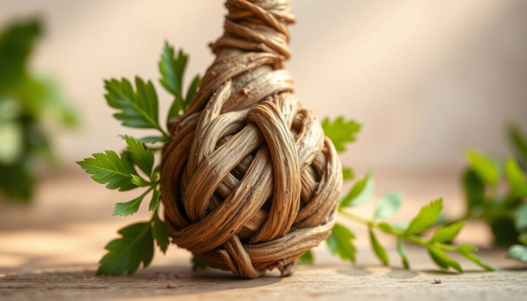 Detailed close-up of a fresh, vibrant valerian root with its characteristic knotted, gnarled appearance, encircled by lush green leaves. The root is positioned against a soft, out-of-focus background with gentle shadows and warm, diffused lighting, creating a serene, calming atmosphere. Crisp textures and fine details reveal the intricate patterns and natural imperfections of the root. The composition is balanced, with the root occupying the central focus, drawing the viewer's attention to its distinct and intriguing form. This image evokes the relaxing and sleep-inducing properties of valerian, a renowned herbal remedy for the nervous system. Detailed close-up of a fresh, vibrant valerian root with its characteristic knotted, gnarled appearance, encircled by lush green leaves. The root is positioned against a soft, out-of-focus background with gentle shadows and warm, diffused lighting, creating a serene, calming atmosphere. Crisp textures and fine details reveal the intricate patterns and natural imperfections of the root. The composition is balanced, with the root occupying the central focus, drawing the viewer's attention to its distinct and intriguing form. This image evokes the relaxing and sleep-inducing properties of valerian, a renowned herbal remedy for the nervous system.