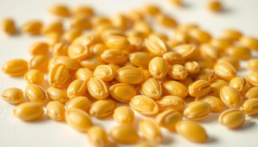 Detailed close-up of evening primrose oil seeds, showcasing their distinctive golden-yellow color and elliptical shape. The seeds are arranged neatly against a crisp, clean white background, allowing their intricate textures and natural variations to be clearly visible. Soft, natural lighting from the side gently accentuates the seeds' oily sheen and subtle striations. The depth of field is shallow, focusing the viewer's attention solely on the captivating beauty and botanical essence of these precious oil-bearing kernels. Detailed close-up of evening primrose oil seeds, showcasing their distinctive golden-yellow color and elliptical shape. The seeds are arranged neatly against a crisp, clean white background, allowing their intricate textures and natural variations to be clearly visible. Soft, natural lighting from the side gently accentuates the seeds' oily sheen and subtle striations. The depth of field is shallow, focusing the viewer's attention solely on the captivating beauty and botanical essence of these precious oil-bearing kernels.