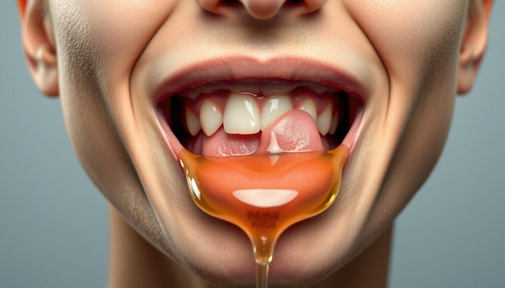 Detailed close-up view of a person's mouth performing oil pulling, showcasing safety and proper technique. The image should depict the inner cheeks, teeth, and gums in a well-lit, high-resolution rendering. The lighting should be soft and diffused, creating a serene, clinical atmosphere. The model's mouth should be slightly open, with the tongue gently pulling the oil around, highlighting the safe, gentle motion. The background should be a plain, muted color to maintain focus on the mouth. Subtle shadows and reflections should be present to add depth and realism to the scene.