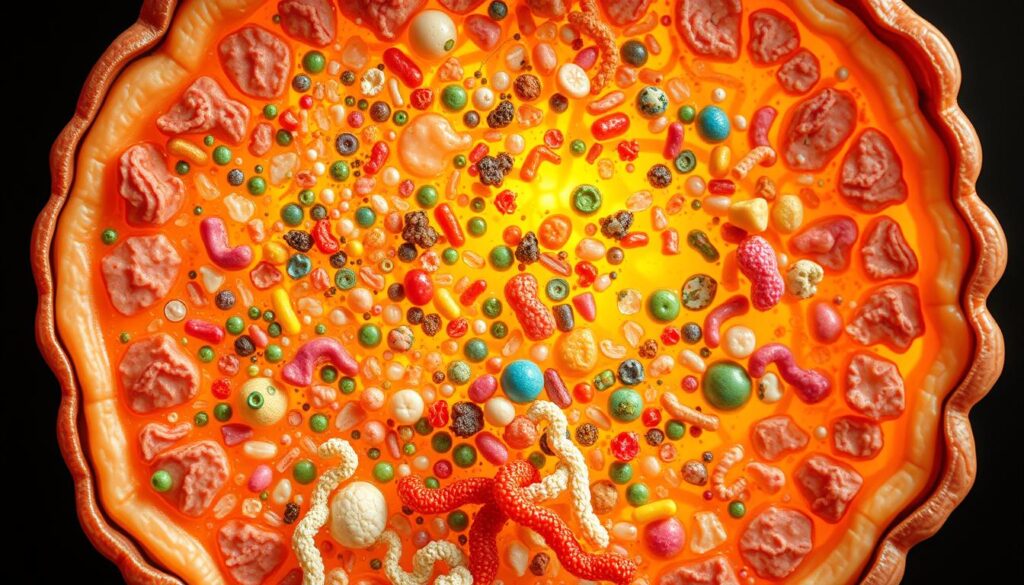 Detailed cross-section of a vibrant, thriving gut microbiome. Intricate network of diverse microbial colonies in dynamic equilibrium, teeming with activity. Colorful, abstract patterns of beneficial bacteria, yeasts, and fungi intertwined, nourishing the intestinal lining. Warm, natural lighting illuminates the delicate symbiosis, showcasing the crucial role of fermented foods in maintaining a healthy, balanced microbiome. Crisp, high-resolution visualization captured through a wide-angle lens, revealing the microscopic grandeur of this essential human ecosystem. Detailed cross-section of a vibrant, thriving gut microbiome. Intricate network of diverse microbial colonies in dynamic equilibrium, teeming with activity. Colorful, abstract patterns of beneficial bacteria, yeasts, and fungi intertwined, nourishing the intestinal lining. Warm, natural lighting illuminates the delicate symbiosis, showcasing the crucial role of fermented foods in maintaining a healthy, balanced microbiome. Crisp, high-resolution visualization captured through a wide-angle lens, revealing the microscopic grandeur of this essential human ecosystem.