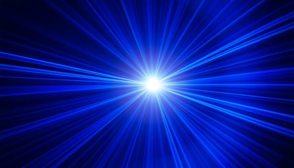 Detailed spectrum of blue light wavelengths, emanating from a central point. Varying shades of blue, from deep indigo to pale azure, radiate outward in crisp, angular bands. The light source appears to be a luminous orb, casting an ethereal glow throughout the frame. The background is dark, allowing the spectrum to stand out in stark contrast. Beams of light refract and disperse, creating a sense of depth and dimension. The overall effect is scientific, technical, and visually striking, suited to illustrate the nature of blue light.