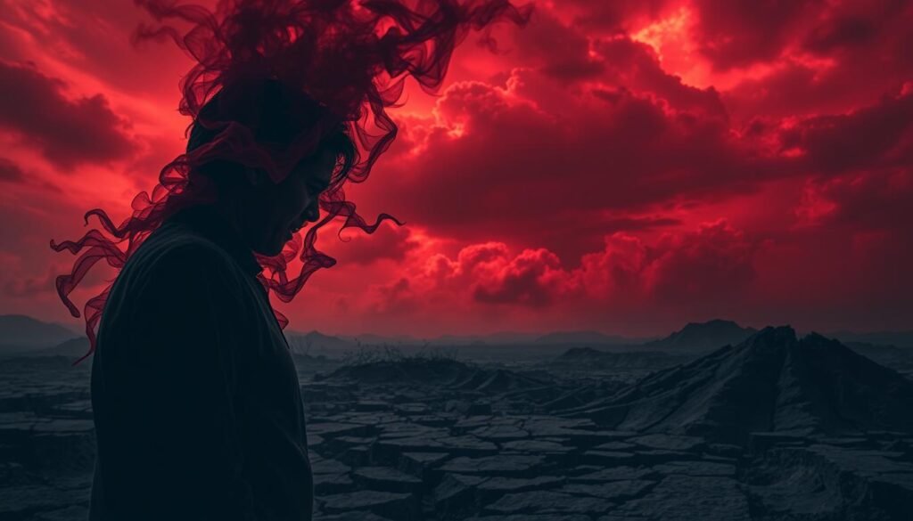 Emotional red flags burnout: a surreal, unsettling scene depicting the psychological toll of burnout. In the foreground, a figure wreathed in smoke-like crimson tendrils, their expression twisted in anguish. The middle ground shows a crumbling, fragmented landscape, cracks and fissures spreading like spiderwebs. The background is a roiling, blood-red sky, heavy with clouds that seem to press down, oppressive and unyielding. Dramatic chiaroscuro lighting casts deep shadows, heightening the sense of unease and distress. The overall atmosphere is one of intense emotional turmoil, a visual metaphor for the hidden mental and physical symptoms of burnout. Emotional red flags burnout: a surreal, unsettling scene depicting the psychological toll of burnout. In the foreground, a figure wreathed in smoke-like crimson tendrils, their expression twisted in anguish. The middle ground shows a crumbling, fragmented landscape, cracks and fissures spreading like spiderwebs. The background is a roiling, blood-red sky, heavy with clouds that seem to press down, oppressive and unyielding. Dramatic chiaroscuro lighting casts deep shadows, heightening the sense of unease and distress. The overall atmosphere is one of intense emotional turmoil, a visual metaphor for the hidden mental and physical symptoms of burnout.