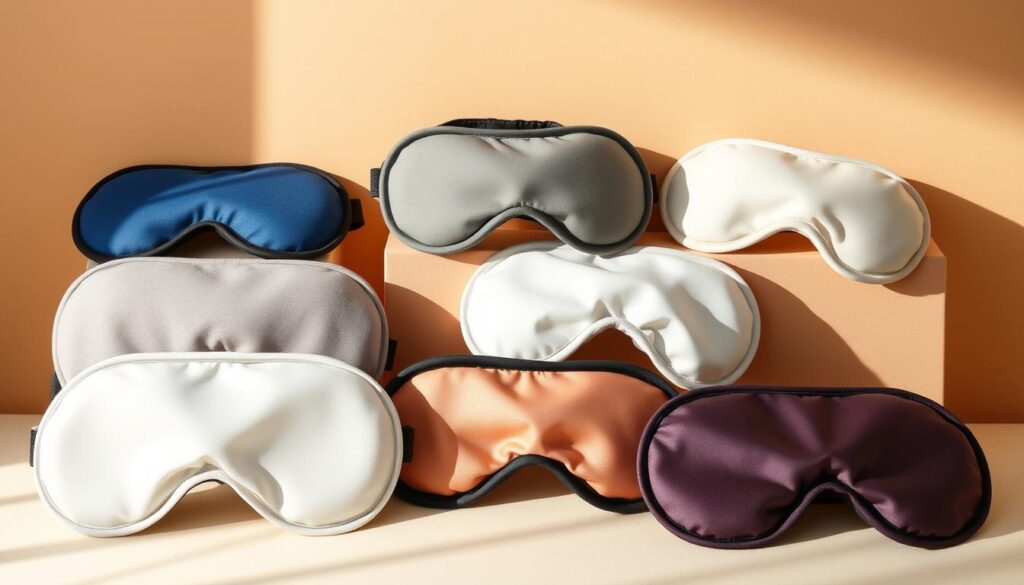 High-quality sleep masks in different styles and materials, neatly arranged against a warm, neutral background. Soft lighting from above casts gentle shadows, highlighting the details and textures of the masks. The display showcases a range of designs, from contoured eye masks with memory foam padding to lightweight, breathable silk options. The arrangement emphasizes the functional and aesthetic attributes of each sleep mask, inviting the viewer to envision their ideal sleep accessory. High-quality sleep masks in different styles and materials, neatly arranged against a warm, neutral background. Soft lighting from above casts gentle shadows, highlighting the details and textures of the masks. The display showcases a range of designs, from contoured eye masks with memory foam padding to lightweight, breathable silk options. The arrangement emphasizes the functional and aesthetic attributes of each sleep mask, inviting the viewer to envision their ideal sleep accessory.