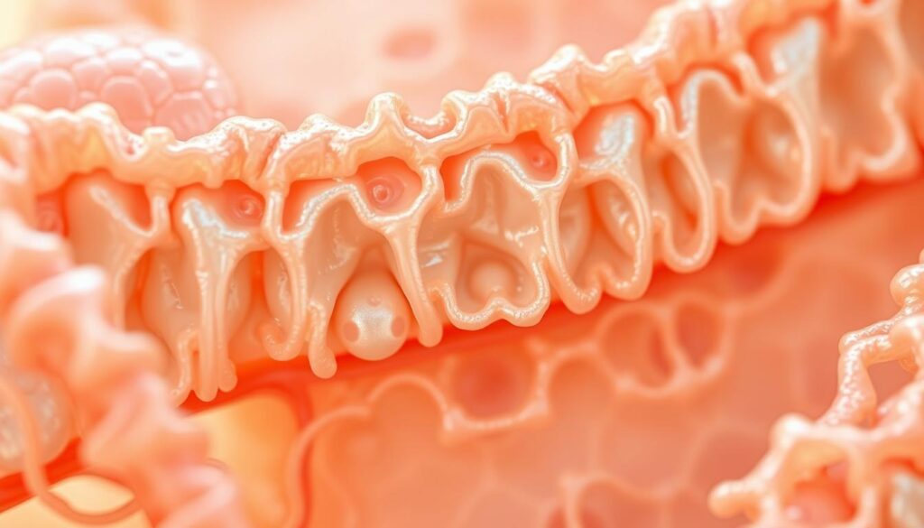 High-resolution, hyper-detailed, scientific illustration of the microscopic structure of the intestinal lining, showing the intricate network of collagen fibers and gelatin proteins that make up the intestinal tissue. The image should have a warm, natural color palette, with a focus on the textural qualities of the collagen and gelatin. Rendered in a realistic, cross-sectional view to clearly depict the layered organization of the intestinal lining, including the epithelial cells, connective tissue, and blood vessels. Lighting should be soft and diffused, emphasizing the translucent, fibrous nature of the collagen and gelatin. The overall mood should convey a sense of scientific precision and the importance of these key gut-healing compounds. High-resolution, hyper-detailed, scientific illustration of the microscopic structure of the intestinal lining, showing the intricate network of collagen fibers and gelatin proteins that make up the intestinal tissue. The image should have a warm, natural color palette, with a focus on the textural qualities of the collagen and gelatin. Rendered in a realistic, cross-sectional view to clearly depict the layered organization of the intestinal lining, including the epithelial cells, connective tissue, and blood vessels. Lighting should be soft and diffused, emphasizing the translucent, fibrous nature of the collagen and gelatin. The overall mood should convey a sense of scientific precision and the importance of these key gut-healing compounds.