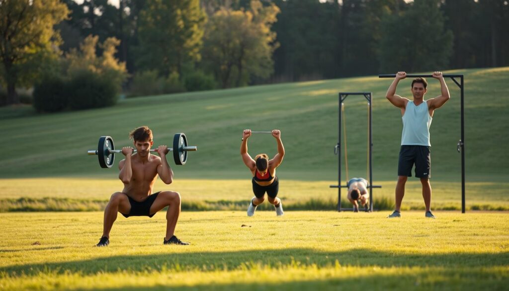 High-resolution, well-lit image of a group of essential functional strength training exercises. Foreground features a person performing a squat, deadlift, and overhead press with proper form. Middle ground shows a person doing pushups and pull-ups. Background depicts a calm, natural setting with a grassy field and trees, creating a serene, outdoor atmosphere. Lighting is natural and warm, with soft shadows and highlights accentuating the muscular movement. Camera angle is slightly elevated, providing a clear, unobstructed view of the exercises. The overall mood is one of focused discipline, strength, and wellness. High-resolution, well-lit image of a group of essential functional strength training exercises. Foreground features a person performing a squat, deadlift, and overhead press with proper form. Middle ground shows a person doing pushups and pull-ups. Background depicts a calm, natural setting with a grassy field and trees, creating a serene, outdoor atmosphere. Lighting is natural and warm, with soft shadows and highlights accentuating the muscular movement. Camera angle is slightly elevated, providing a clear, unobstructed view of the exercises. The overall mood is one of focused discipline, strength, and wellness.