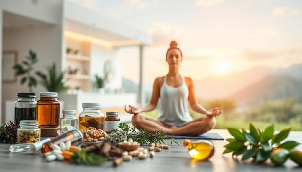 Integrative medicine: a holistic approach to wellness. In the foreground, a calm, serene figure practicing yoga or meditation, surrounded by an assortment of natural supplements, herbs, and wellness tools like crystals or essential oils. In the middle ground, a blurred scene of a modern, minimalist clinic or wellness center, representing the fusion of traditional and modern healthcare. The background features a tranquil, natural landscape with lush greenery, calming colors, and a soft, diffused lighting, evoking a sense of balance and harmony. The overall image conveys a peaceful, grounded, and integrated approach to addressing anxiety and promoting overall well-being.