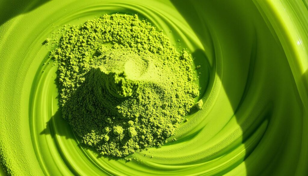 Matcha caffeine: a swirling blend of vibrant green powder and crystal-clear liquid, captured in a dramatic close-up. Soft, diffused lighting casts gentle shadows, accentuating the vivid contrast. The powder appears featherlight, suspended in the air, while the liquid reflects the surroundings in mesmerizing ripples. The scene conveys a sense of tranquility and focus, hinting at the harmonious interplay of L-theanine and caffeine that fuels the mind. A minimalist, yet captivating composition that speaks to the essence of this powerful pairing.