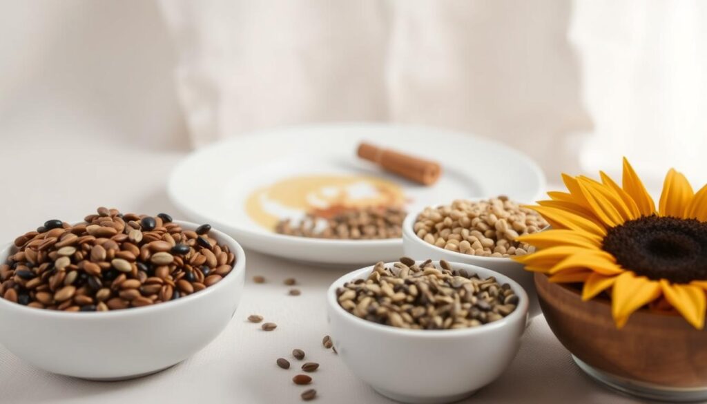 Realistic expectations seed cycling: a serene, minimalist still life arrangement. In the foreground, an assortment of whole seeds - flax, chia, pumpkin, sunflower - arranged in small bowls, their textures and colors on full display. The middle ground features a clean, white ceramic plate, perhaps with a light drizzle of honey or a sprinkle of cinnamon, complementing the seeds. In the background, a soft, neutral-toned backdrop, perhaps a linen cloth or wooden surface, creates a calming, contemplative atmosphere. Gentle, diffused lighting from the side casts subtle shadows, highlighting the natural forms and tones. The overall mood is one of simplicity, balance, and modest promise - the realistic expectations of seed cycling's benefits, not an overstated transformation. Realistic expectations seed cycling: a serene, minimalist still life arrangement. In the foreground, an assortment of whole seeds - flax, chia, pumpkin, sunflower - arranged in small bowls, their textures and colors on full display. The middle ground features a clean, white ceramic plate, perhaps with a light drizzle of honey or a sprinkle of cinnamon, complementing the seeds. In the background, a soft, neutral-toned backdrop, perhaps a linen cloth or wooden surface, creates a calming, contemplative atmosphere. Gentle, diffused lighting from the side casts subtle shadows, highlighting the natural forms and tones. The overall mood is one of simplicity, balance, and modest promise - the realistic expectations of seed cycling's benefits, not an overstated transformation.