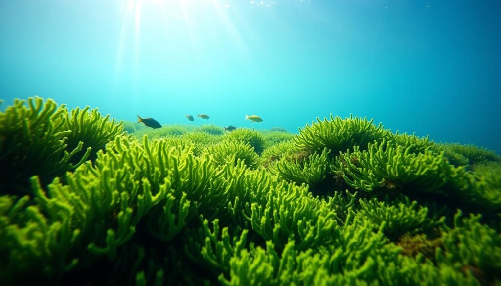 Serene seascape with a vibrant, lush bed of sea moss in the foreground. The moss sways gently in a soft, underwater current, its emerald tendrils casting a calming, natural glow. In the middle ground, a school of brightly colored tropical fish dart among the mossy fronds, while the background reveals the deeper blue-green tones of the open ocean. Beams of sunlight filter down through the water, creating a warm, diffused lighting that highlights the texture and movement of the sea moss. The overall atmosphere conveys a sense of tranquility, balance, and the restorative power of nature. Serene seascape with a vibrant, lush bed of sea moss in the foreground. The moss sways gently in a soft, underwater current, its emerald tendrils casting a calming, natural glow. In the middle ground, a school of brightly colored tropical fish dart among the mossy fronds, while the background reveals the deeper blue-green tones of the open ocean. Beams of sunlight filter down through the water, creating a warm, diffused lighting that highlights the texture and movement of the sea moss. The overall atmosphere conveys a sense of tranquility, balance, and the restorative power of nature.