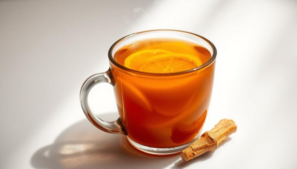Steaming mug of turmeric ginger tea, set against a minimalist white background. The tea has a vibrant, golden-orange hue, with slices of fresh ginger and turmeric root floating amidst the liquid. Wisps of steam curl upwards, creating a cozy, inviting atmosphere. The mug is positioned at a slight angle, allowing the viewer to see the intricate details of the ingredients. Soft, diffused lighting illuminates the scene, casting gentle shadows and highlighting the natural colors of the tea. The overall mood is soothing, calming, and evocative of the wellness properties of these two powerful, anti-inflammatory ingredients.