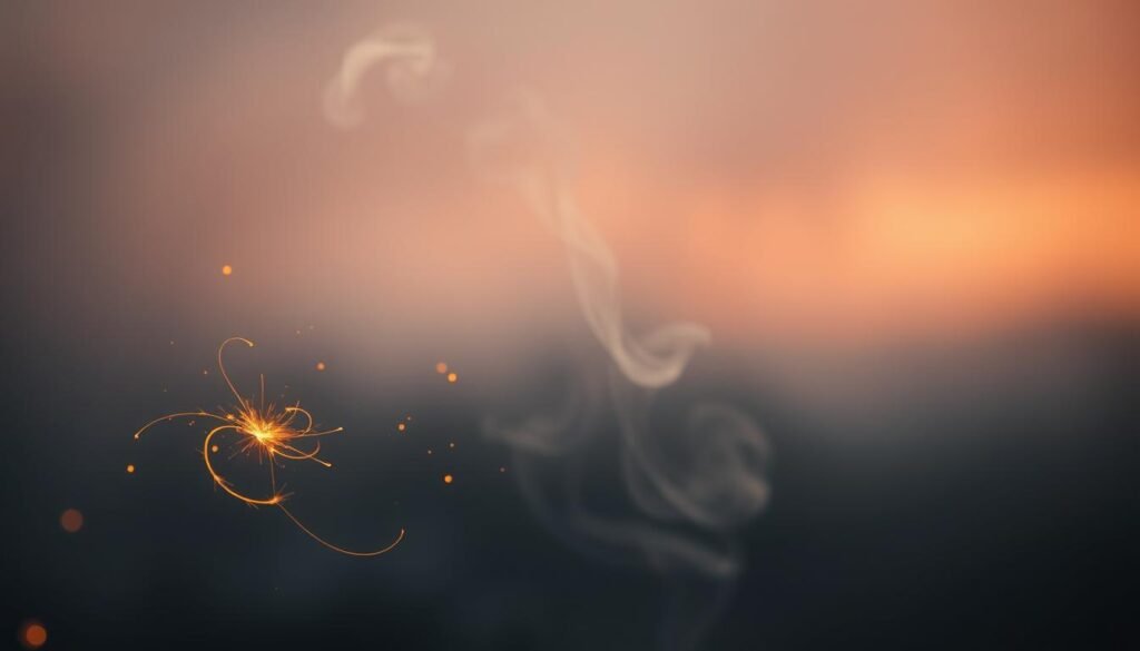 Vivid sparks of inspiration float gently against a soft, ethereal backdrop. In the foreground, a delicate filigree of golden embers dances and twists, casting a warm, flickering glow. In the middle ground, wisps of smoke curl and dissipate, hinting at the elemental nature of the scene. The background is a blurred, dreamlike expanse of muted colors, creating a sense of serenity and introspection. Soft, diffused lighting bathes the entire composition, lending an intimate, contemplative atmosphere. The overall effect is one of quiet contemplation, as if the viewer is witnessing the spark of an idea taking form.