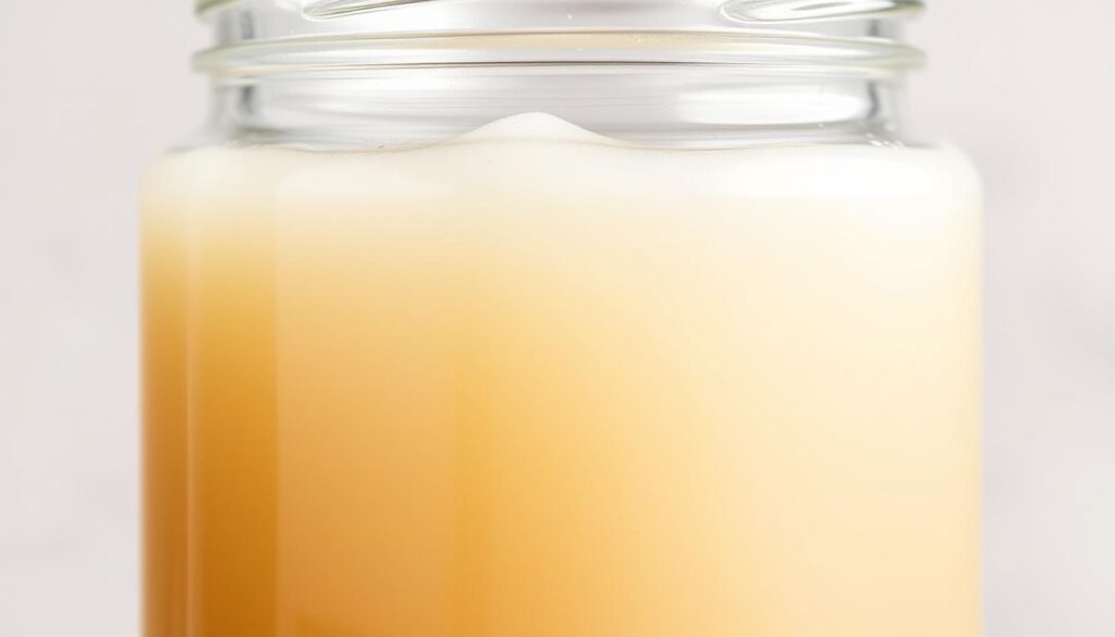 a close-up, macro view of a transparent glass jar filled with a thick, gelled, opaque white liquid, capturing the texture and viscosity of bone broth. The jar is set against a simple, neutral-colored background, allowing the bone broth gel to be the focal point. Soft, diffused lighting illuminates the jar, highlighting the translucent quality of the gel and casting subtle shadows. The image conveys the high-quality, nutrient-dense nature of properly made bone broth, reflecting its importance for gut health as described in the article. a close-up, macro view of a transparent glass jar filled with a thick, gelled, opaque white liquid, capturing the texture and viscosity of bone broth. The jar is set against a simple, neutral-colored background, allowing the bone broth gel to be the focal point. Soft, diffused lighting illuminates the jar, highlighting the translucent quality of the gel and casting subtle shadows. The image conveys the high-quality, nutrient-dense nature of properly made bone broth, reflecting its importance for gut health as described in the article.