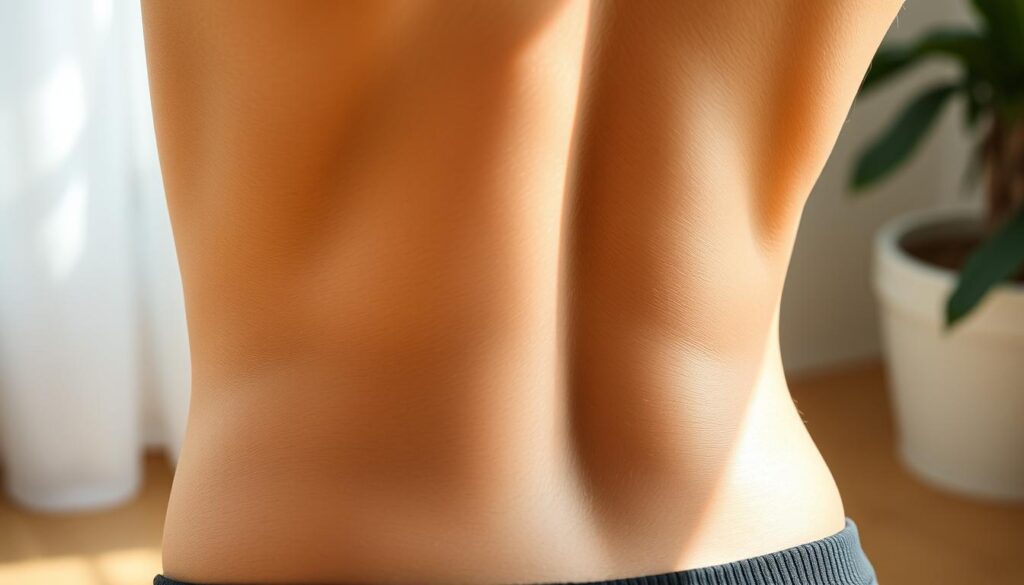 a detailed close-up view of a person's lower back region, featuring natural lighting and a soft, diffused focus. The muscles and contours of the lower back are highlighted, conveying a sense of flexibility, strength, and the gentle curves of the human form. The background is subtly blurred, placing the focus entirely on the subject's lower back area. The overall mood is one of serenity and mindfulness, reflecting the "Somatic Stretching" theme and the daily practice of self-care and wellness.