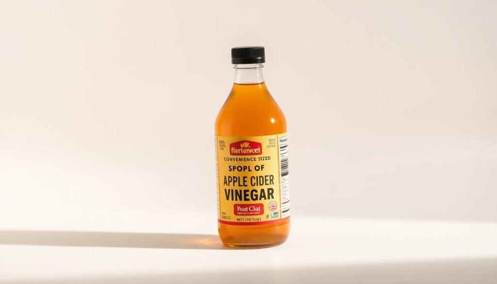 a neatly arranged still life scene of a bottle of convenience-sized apple cider vinegar, with a modern label and a sleek, minimalist design, set against a light-colored background. The bottle is slightly angled, creating a sense of depth and highlighting the product's distinctive shape. The lighting is soft and diffused, creating a warm, inviting atmosphere that emphasizes the bottle's translucent glass and the rich, amber color of the liquid inside. The composition is balanced and visually appealing, drawing the viewer's attention to the convenience-focused nature of the product.