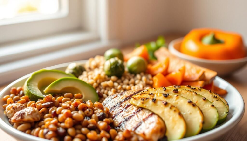 A balanced plate featuring a variety of high-protein, high-fiber, and healthy fat-rich foods. In the foreground, grilled chicken, lentils, and avocado slices are neatly arranged. In the middle ground, quinoa and roasted vegetables like Brussels sprouts, sweet potatoes, and bell peppers create a vibrant, colorful display. The background is softly blurred, with natural lighting from a window casting a warm, golden glow across the scene. The overall composition conveys a sense of nutrition, balance, and wellness, suitable for illustrating a hormone-balancing meal plan.