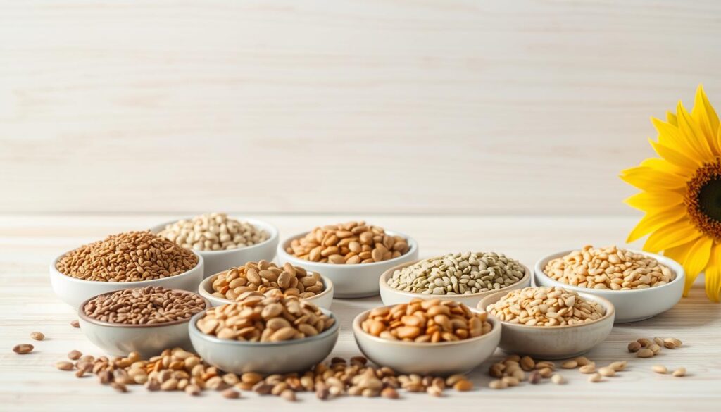 A beautifully lit, crisp still-life photograph showcasing an assortment of seeds arranged in an elegant, visually appealing manner. The foreground features an array of different seeds, such as flaxseeds, pumpkin seeds, sesame seeds, and sunflower seeds, neatly organized in small bowls or plates. The middle ground showcases a clean, minimalist background, perhaps a wooden or marble surface, allowing the seeds to be the focal point. The lighting is soft and diffused, creating a warm, natural ambiance. The overall composition is balanced and harmonious, conveying a sense of order and simplicity that reflects the concept of "seed cycling" and the importance of timing the consumption of these nutritious seeds. A beautifully lit, crisp still-life photograph showcasing an assortment of seeds arranged in an elegant, visually appealing manner. The foreground features an array of different seeds, such as flaxseeds, pumpkin seeds, sesame seeds, and sunflower seeds, neatly organized in small bowls or plates. The middle ground showcases a clean, minimalist background, perhaps a wooden or marble surface, allowing the seeds to be the focal point. The lighting is soft and diffused, creating a warm, natural ambiance. The overall composition is balanced and harmonious, conveying a sense of order and simplicity that reflects the concept of "seed cycling" and the importance of timing the consumption of these nutritious seeds.