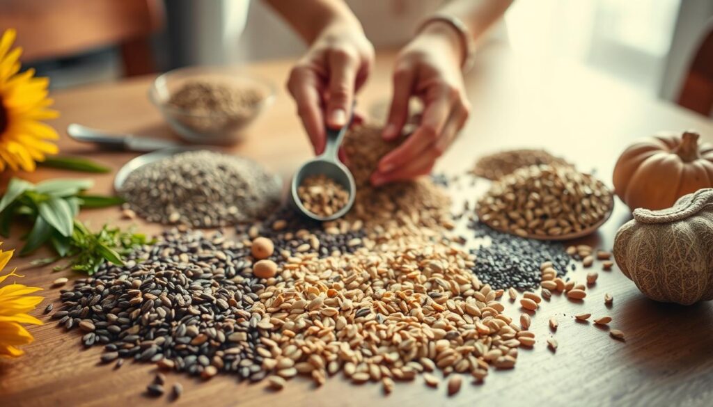 A beautifully lit scene of a wooden table, its surface covered in a variety of carefully arranged seeds - sunflower, flax, chia, pumpkin, and more. In the foreground, a pair of hands gently scooping and separating the seeds, preparing them for a healthy, nourishing meal. The lighting is soft and diffuse, creating a warm, inviting atmosphere. The background is blurred, keeping the focus on the hands and the seeds. The composition is balanced and visually appealing, conveying the care and attention required to properly prepare these nutritious ingredients. A beautifully lit scene of a wooden table, its surface covered in a variety of carefully arranged seeds - sunflower, flax, chia, pumpkin, and more. In the foreground, a pair of hands gently scooping and separating the seeds, preparing them for a healthy, nourishing meal. The lighting is soft and diffuse, creating a warm, inviting atmosphere. The background is blurred, keeping the focus on the hands and the seeds. The composition is balanced and visually appealing, conveying the care and attention required to properly prepare these nutritious ingredients.