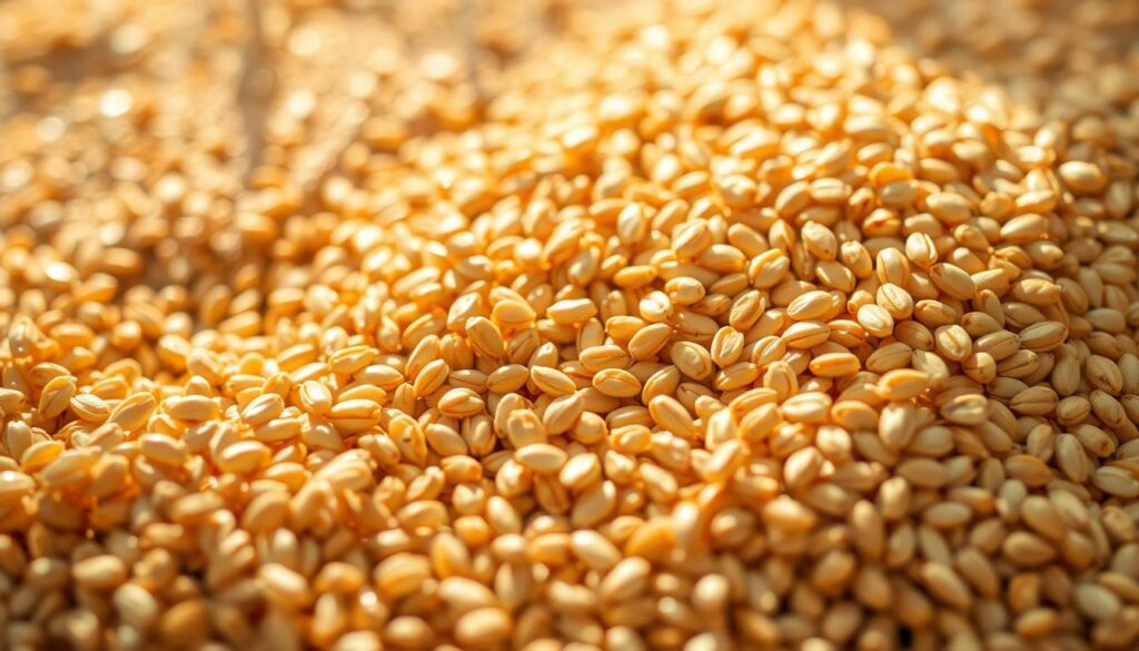 A bountiful array of whole grains fills the frame, each kernel gleaming with a golden hue under the warm, natural lighting. The grains are arranged in the foreground, with a shallow depth of field that softly blurs the background, creating a sense of focus and emphasis on the textural details. The lighting casts gentle shadows, accentuating the grooves and contours of the individual grains. The image conveys a feeling of nourishment, wholeness, and the richness of plant-based, sustainable food sources. A bountiful array of whole grains fills the frame, each kernel gleaming with a golden hue under the warm, natural lighting. The grains are arranged in the foreground, with a shallow depth of field that softly blurs the background, creating a sense of focus and emphasis on the textural details. The lighting casts gentle shadows, accentuating the grooves and contours of the individual grains. The image conveys a feeling of nourishment, wholeness, and the richness of plant-based, sustainable food sources.