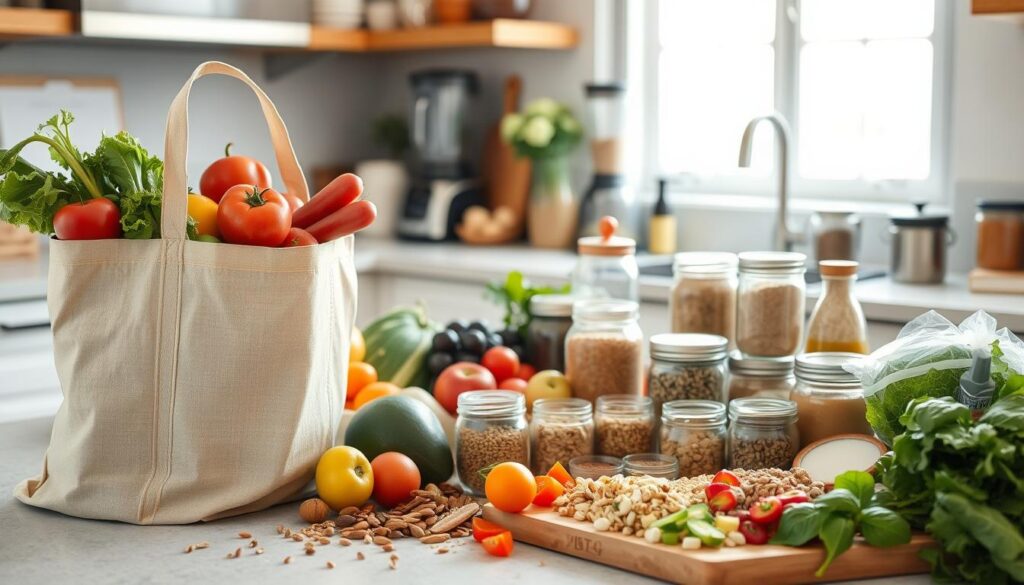 A bountiful display of fresh produce, whole grains, lean proteins, and healthy fats fills a well-lit kitchen counter. In the foreground, a reusable tote bag holds an assortment of fruits and vegetables, while a cutting board showcases chopped ingredients ready for meal prep. Scattered throughout are jars of nuts, seeds, and spices, conveying a sense of organization and intention. The middle ground features a blender, food processor, and other culinary tools, hinting at the nourishing meals to come. In the background, a window floods the scene with soft, natural light, creating a calming, inviting atmosphere for tackling meal planning and preparation.