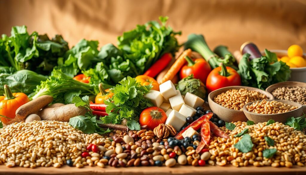 A bountiful display of sustainably grown produce, including vibrant leafy greens, crunchy root vegetables, and colorful fruits, arranged against a backdrop of warm, natural lighting. In the foreground, a variety of whole grains, legumes, and nuts are elegantly presented, conveying a sense of wholesome nourishment. The middle ground features a mix of plant-based protein sources, such as tofu, tempeh, and lentils, all set against a subtly textured, earthy environment. The overall scene exudes a harmonious and grounded atmosphere, inviting the viewer to consider the benefits of a plant-based, sustainable lifestyle. A bountiful display of sustainably grown produce, including vibrant leafy greens, crunchy root vegetables, and colorful fruits, arranged against a backdrop of warm, natural lighting. In the foreground, a variety of whole grains, legumes, and nuts are elegantly presented, conveying a sense of wholesome nourishment. The middle ground features a mix of plant-based protein sources, such as tofu, tempeh, and lentils, all set against a subtly textured, earthy environment. The overall scene exudes a harmonious and grounded atmosphere, inviting the viewer to consider the benefits of a plant-based, sustainable lifestyle.