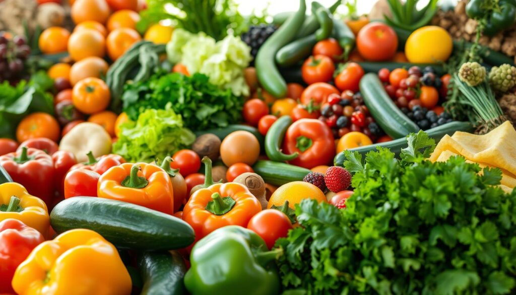 A bountiful harvest of vibrant, produce-forward vegetables and fruits, captured in a warm, natural light. In the foreground, a vibrant array of bell peppers, zucchini, and leafy greens, their textures and colors shining. The midground features an array of juicy tomatoes, crisp cucumbers, and succulent berries, while the background showcases a mix of citrus fruits, earthy root vegetables, and lush, verdant foliage. The scene is bathed in a soft, golden glow, evoking a sense of abundance and health. The composition is balanced and visually appealing, drawing the eye to the natural beauty and nutritional value of this produce-centric display. A bountiful harvest of vibrant, produce-forward vegetables and fruits, captured in a warm, natural light. In the foreground, a vibrant array of bell peppers, zucchini, and leafy greens, their textures and colors shining. The midground features an array of juicy tomatoes, crisp cucumbers, and succulent berries, while the background showcases a mix of citrus fruits, earthy root vegetables, and lush, verdant foliage. The scene is bathed in a soft, golden glow, evoking a sense of abundance and health. The composition is balanced and visually appealing, drawing the eye to the natural beauty and nutritional value of this produce-centric display.